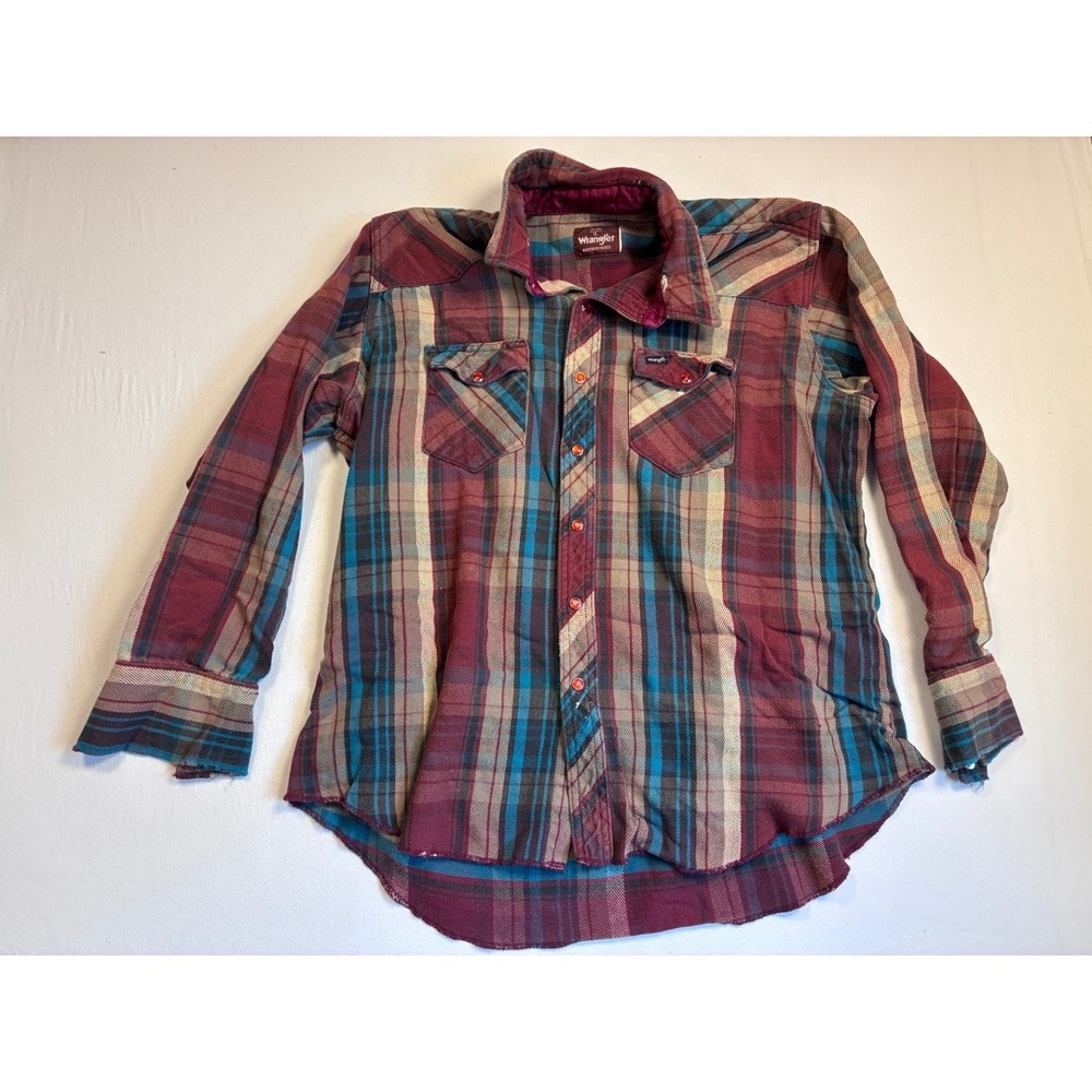 Wrangler Men's XL Plaid Western Red Snap Button Flannel Shirt Cowboy Cut Trashed